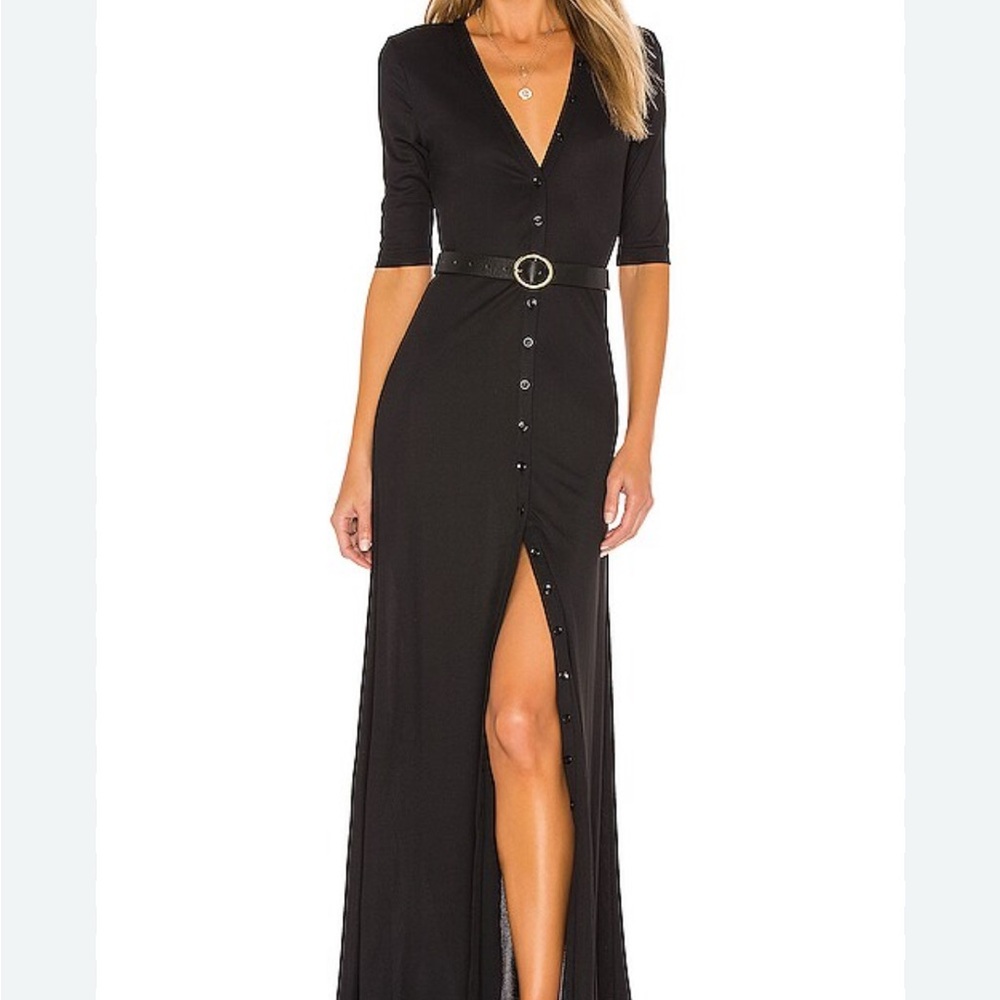 L'Academie Black Sheath Maxi Dress with V-Neck and Slit